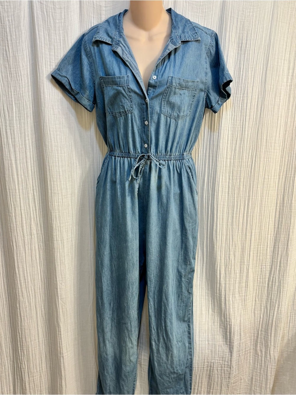 Japna Blue Denim Collared Button Front Short Sleeve Jumpsuit Pockets M